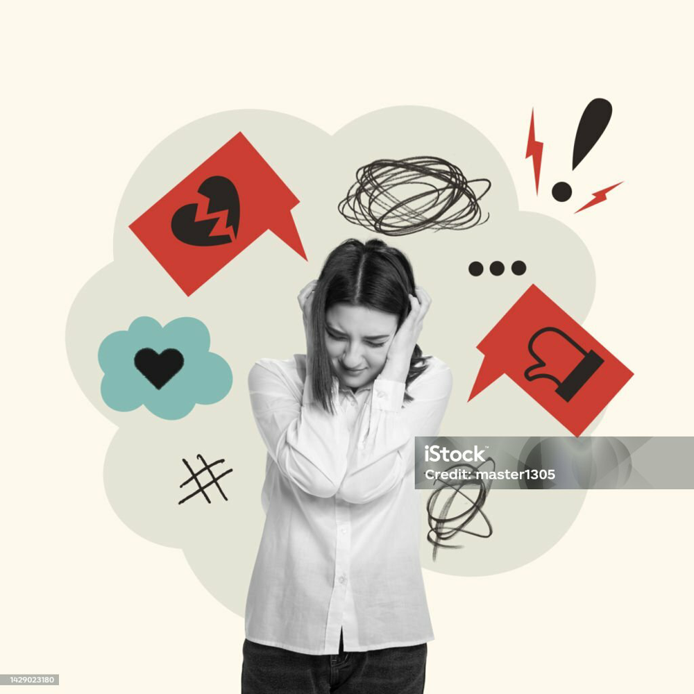 Contemporary art collage. Conceptual image with young woman covering ears in emotional stress. Social media hate. Concept of social problems, psychology, bullying, cyberbullying, abuse. Poster, ad