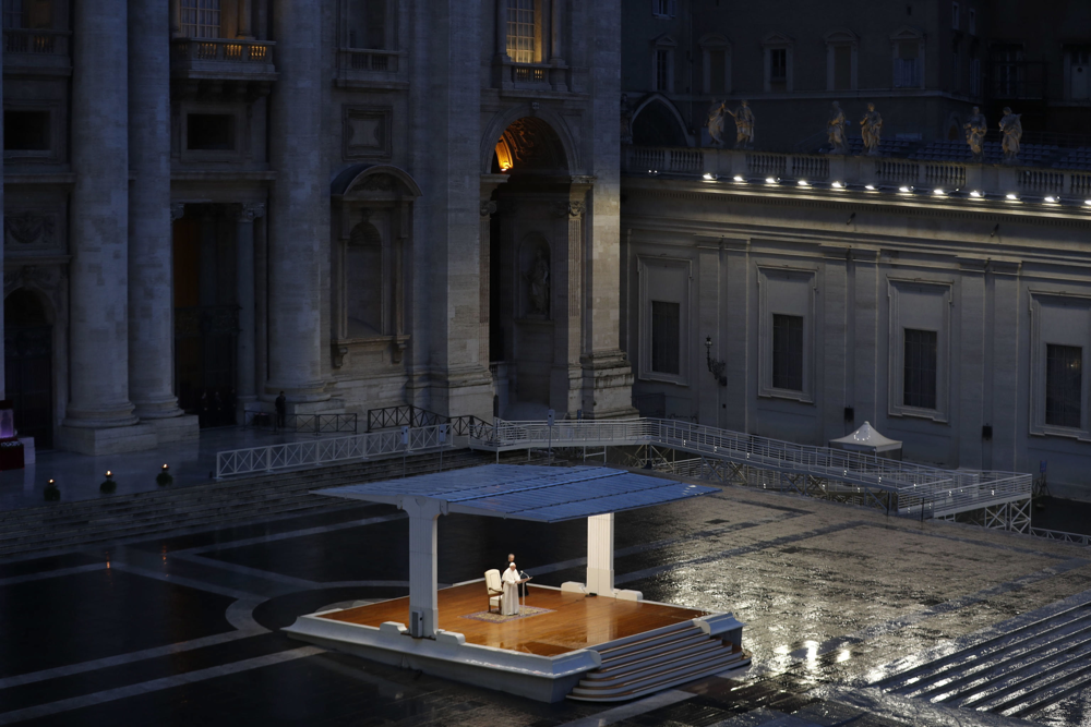 epa08327132 Pope Francis delivers an extraordinary 'Urbi et Orbi' blessing - normally given only at Christmas and Easter - from an empty St. Peter's Square, as a response to the global coronavirus disease (COVID-19) pandemic, the Vatican, 27 March 2020. The blessing is live streamed worldwide giving the possibility for the faithful connected to receive the plenary indulgence.  EPA/YARA NARDI / POOL