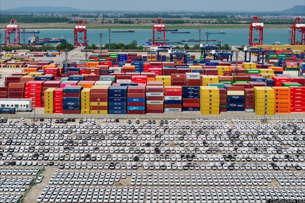 NANJING, CHINA - APRIL 16, 2025 - Aerial photo taken on April 16, 2025 shows vehicles waiting for export at the Port of Nanjing in East China's Jiangsu province. On Wednesday, local time (April 15), the White House said in a statement on its official website that the tariffs on China were increased to 245%. (Photo by CFOTO/Sipa USA) Photo: Costfoto/SIPA USA