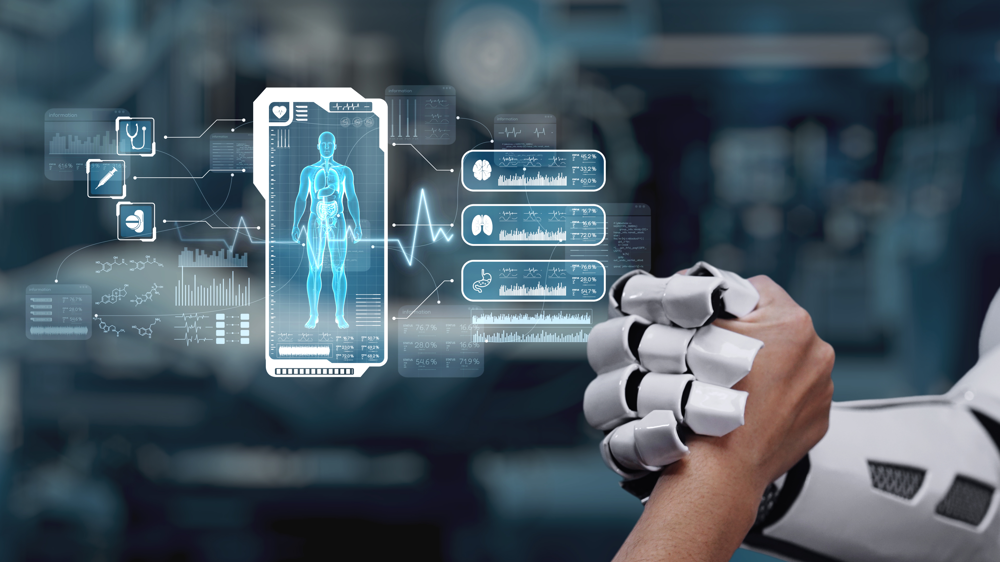 Close up of robot hand and human hand shaking hand with human anatomy hologram. AI and human working together or making agreement with x ray holographic floating with blurring laboratory. Salubrious.