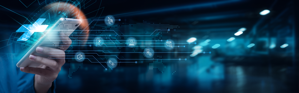 Businessman using smartphone with healthcare applications on network connection. Telemedicine, patient monitoring, electronic health records, remote consultations, wearable devices, digital health.