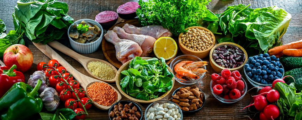 Food products representing the MIND diet created to reduce dementia and the decline in brain health. Mediterranean-DASH Intervention for Neurodegenerative Delay