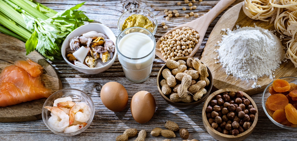 Composition with common food allergens including egg, milk, soya, nuts, fish, seafood, wheat flour, mustard, dried apricots and celery