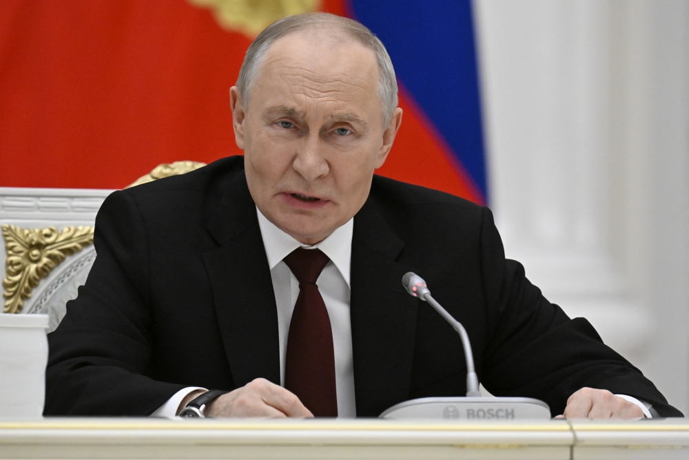 epa12555563 Russian President Vladimir Putin speaks during a meeting with participants of the Young Scientists Forum at the Kremlin in Moscow, Russia, 28 November 2025. EPA/ALEXANDER NEMENOV/AFP/POOL